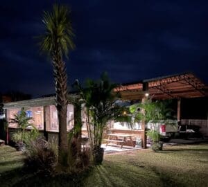 A night time photo of a house with palm trees.